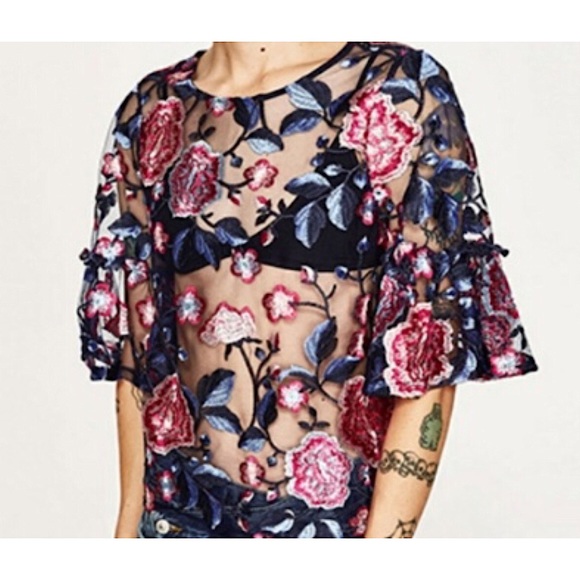 Zara Mesh Embroidered Floral Top - Picture 2 of 6